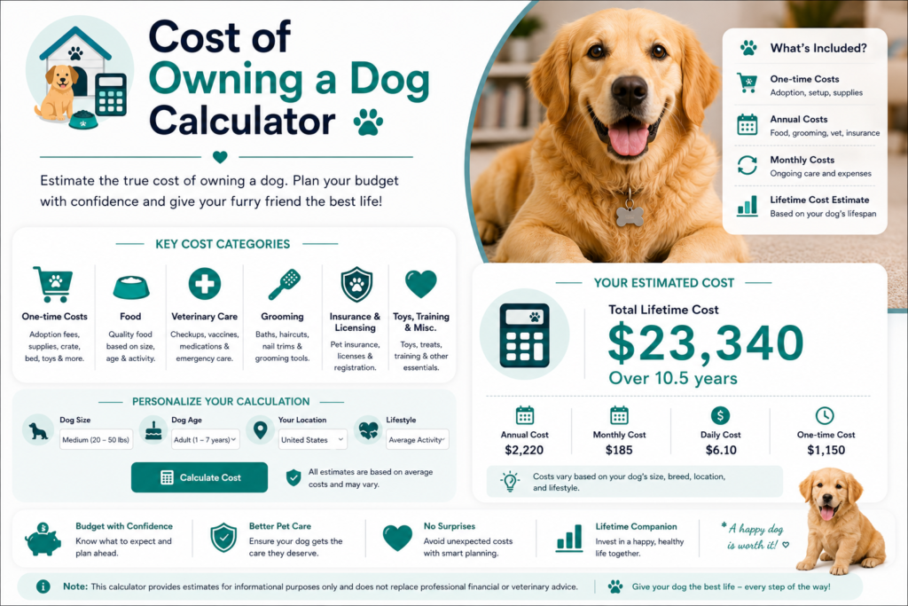Cost of Owning a Dog Calculator The cost of owning a dog calculator will help you calculate the annual cost of owning a dog.