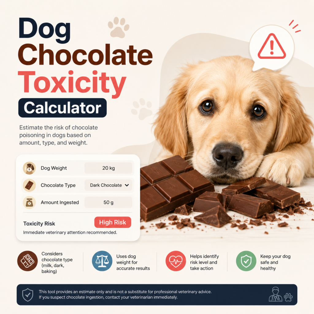 Dog Chocolate Toxicity Calculator The dog chocolate toxicity calculator will tell you whether the amount of chocolate your dog ate might be dangerous for it.